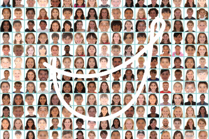 The Bella Smile smile mark over a grid of smiling patient portraits