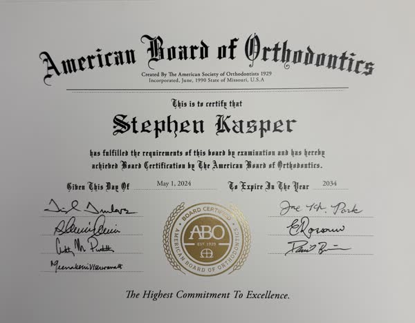 American Board of Orthodontics certificate awarded to Stephen Kasper