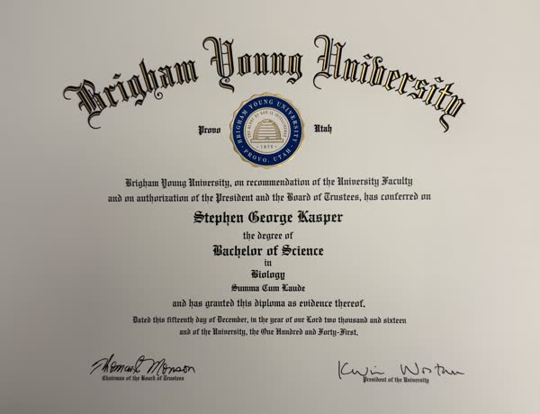 Brigham Young University Bachelor of Science degree awarded to Stephen George Kasper