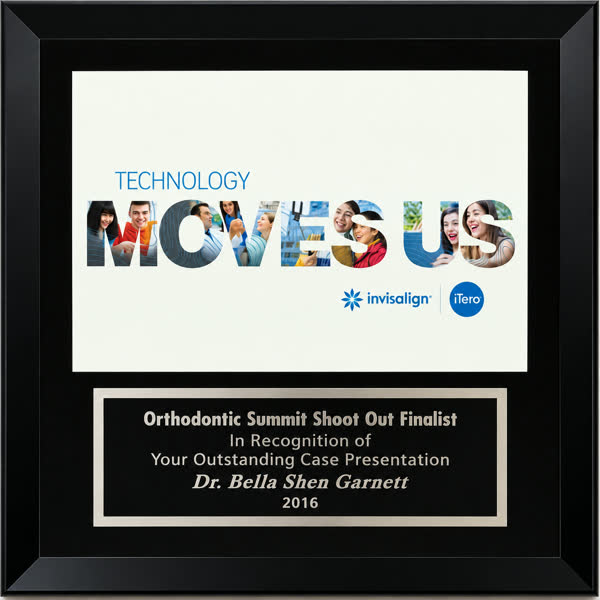 Invisalign Orthodontic Summit Shoot Out finalist award presented to Dr. Bella Shen Garnett, 2016
