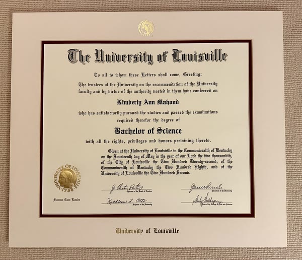 University of Louisville Bachelor of Science degree awarded to Kimberly Ann Mahood