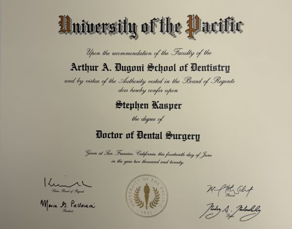 University of the Pacific Doctor of Dental Surgery degree awarded to Stephen Kasper